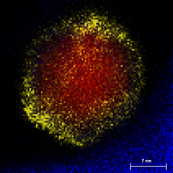 image shows energy dispersive X-ray spectroscopy (EDS) elemental mapping of a core/shell Co/ZnO nanoparticle created using FEI Tecnai Osiris